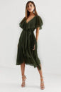 Italian Deep V-Neck Ruffled Midi Dress | Asymmetrical Wrap Skirt