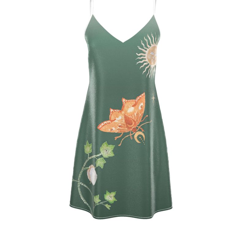 Robe nuisette en soie Vela en vert jungle papillon 