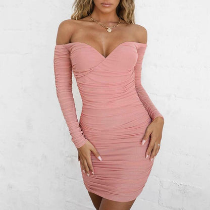 Pink off shoulder v neck bodycon mini dress Long sleeve