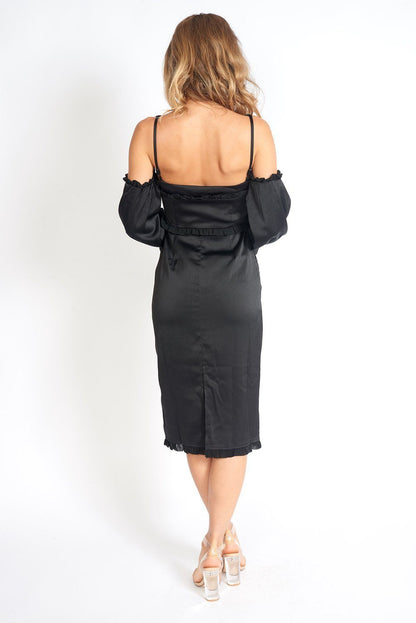 Night At The Museum Black Satin Dress – Off-Shoulder Ruffled LBD with Back Slit