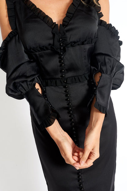 Night At The Museum Black Satin Dress – Off-Shoulder Ruffled LBD with Back Slit