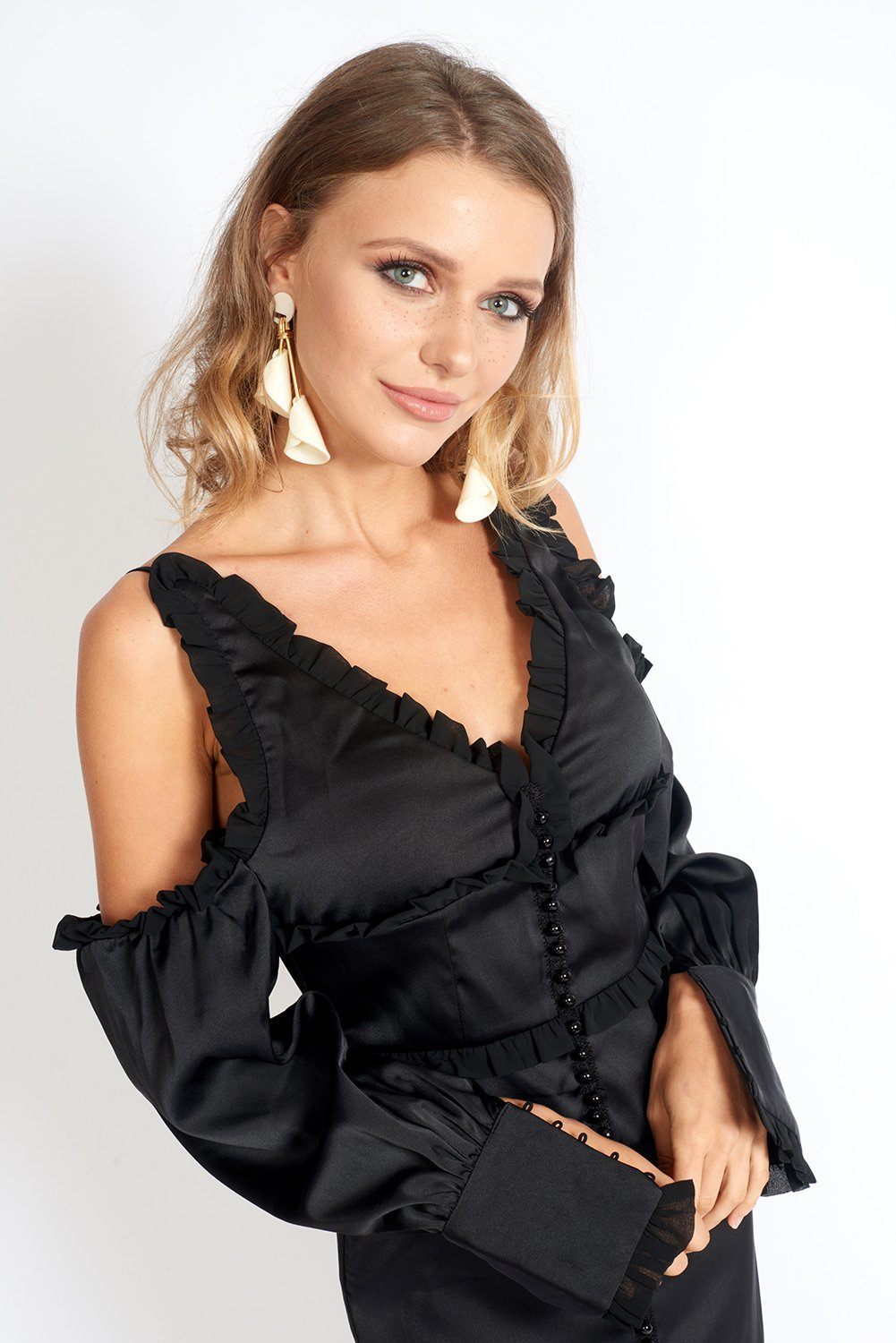 Night At The Museum Black Satin Dress – Off-Shoulder Ruffled LBD with Back Slit