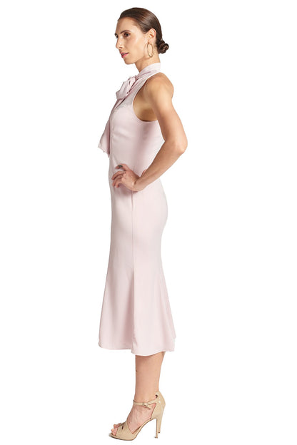 Stretch satin midi mermaid dress with neck tie