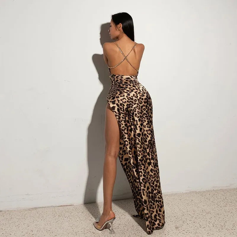 Leopard Long Dress – Sexy Off-the-Shoulder Backless Design with Split