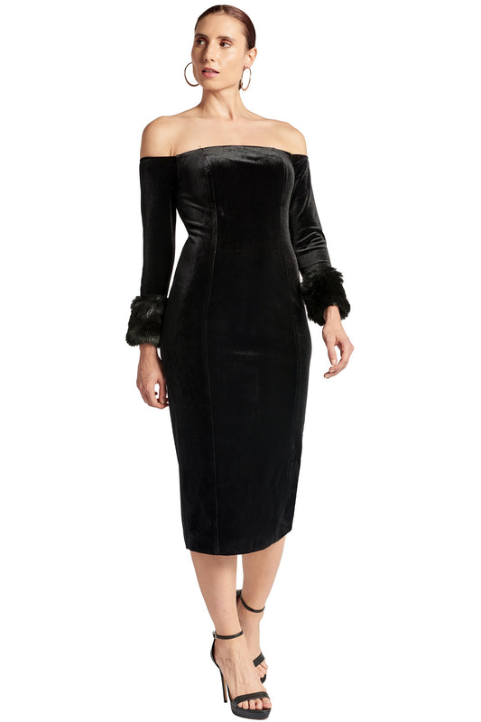 Joia Dress - Velvet off the shoulder long sleeve dress with faux fur