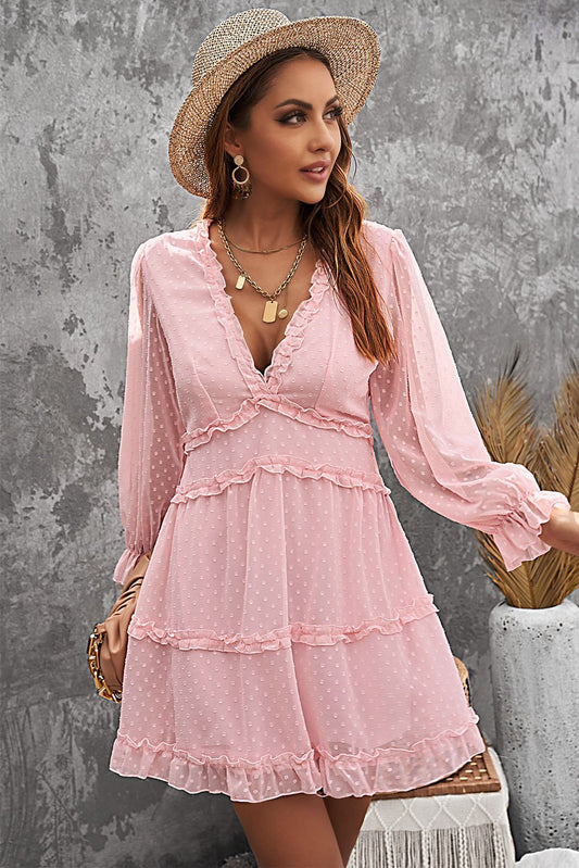 Pink Layered Ruffled Open Back V Neck Puff Sleeve Swiss Dot Mini Dress