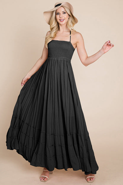 Smocked Flowy Boho Pleated Backless Maxi Dress