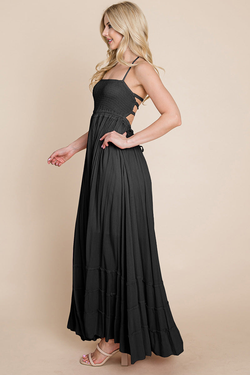 Smocked Flowy Boho Pleated Backless Maxi Dress