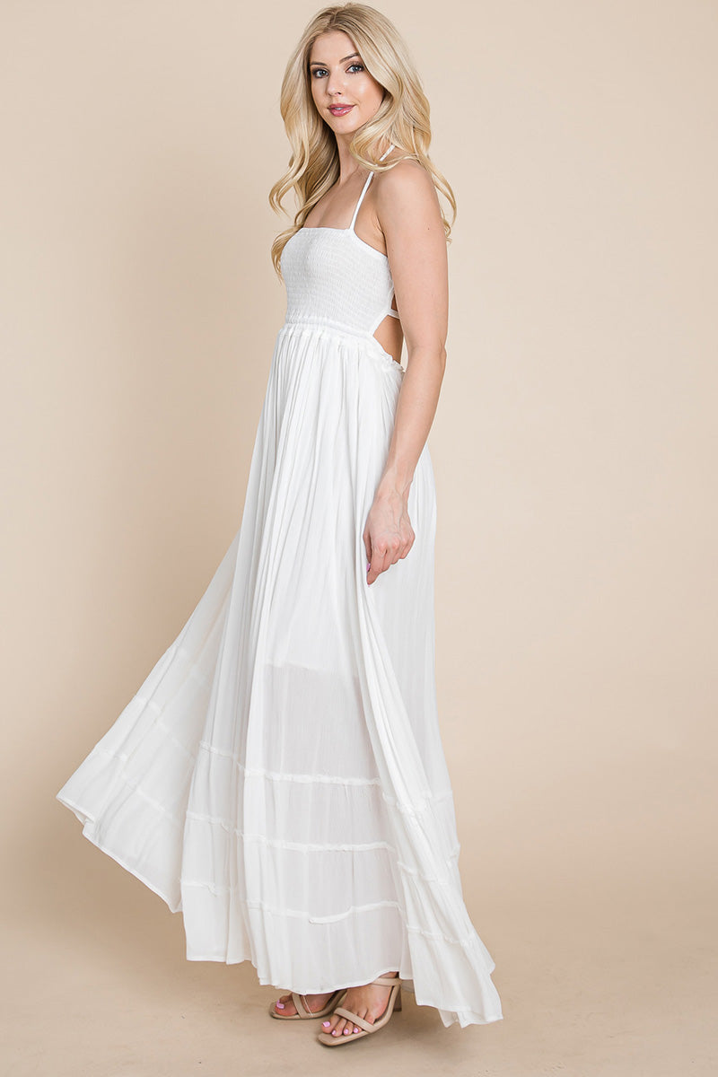 Smocked Flowy Boho Pleated Backless Maxi Dress