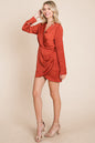 V Neck Satin Wrap Long Sleeve Sheath Dress