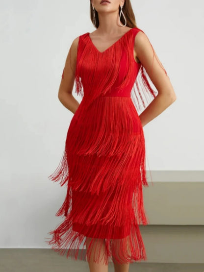 Vestidos de fiesta con borlas rojas, escote en V, sin mangas, cintura alta, para mujer, con flecos 