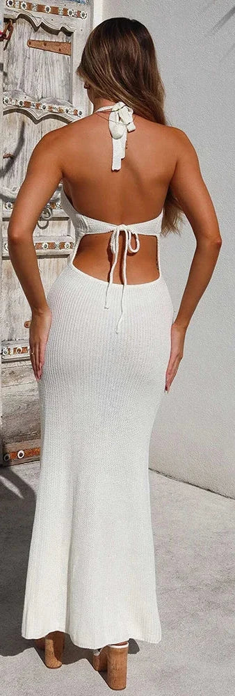 Weird Puss Crochet Sheer Women Dress Halter V Neck Backless Bandage