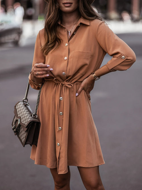 Spring/Summer Solid Color Waist Tie Up Button Pulling Sleeve Dress