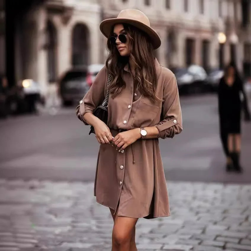 Spring/Summer Solid Color Waist Tie Up Button Pulling Sleeve Dress