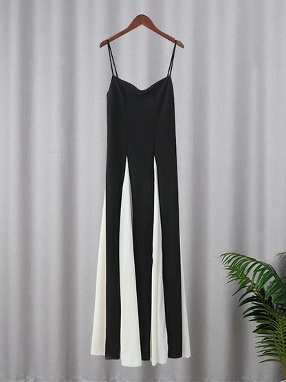 Elegant Black White Contrasting Women Sling Dress Fashion Backless