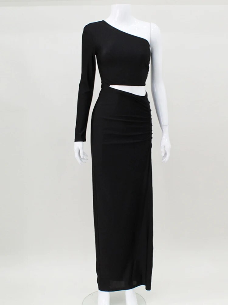 Elegant One-Shoulder Maxi Dress – Cut-Out Design with Split and Ruched Detailing