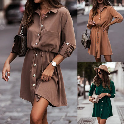 Spring/Summer Solid Color Waist Tie Up Button Pulling Sleeve Dress