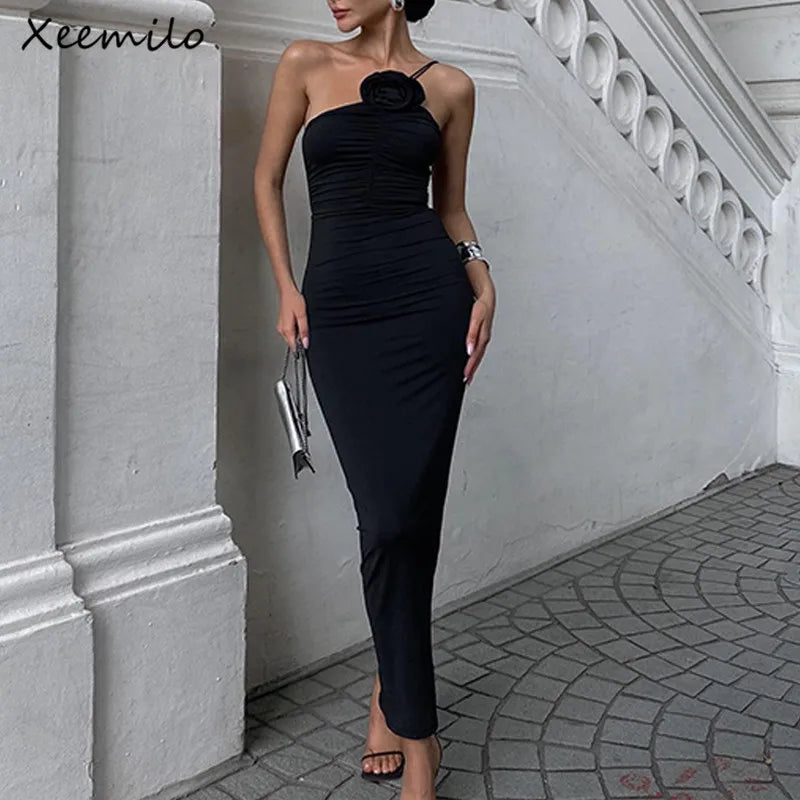 Xeemilo Elegant Sleeveless Slim Black Dress Aesthetic Oblique Strap