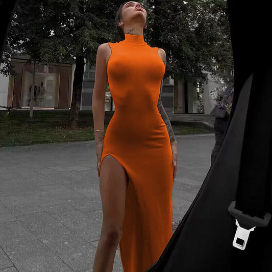 Y2k Sleeveless Orange Midi Women's Dresses Side Slit Turtleneck