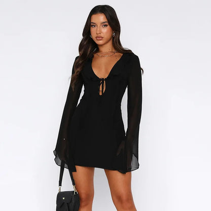 Black Deep V Robes Elegant Party Evening Dress Lace Up Sexy Dresses