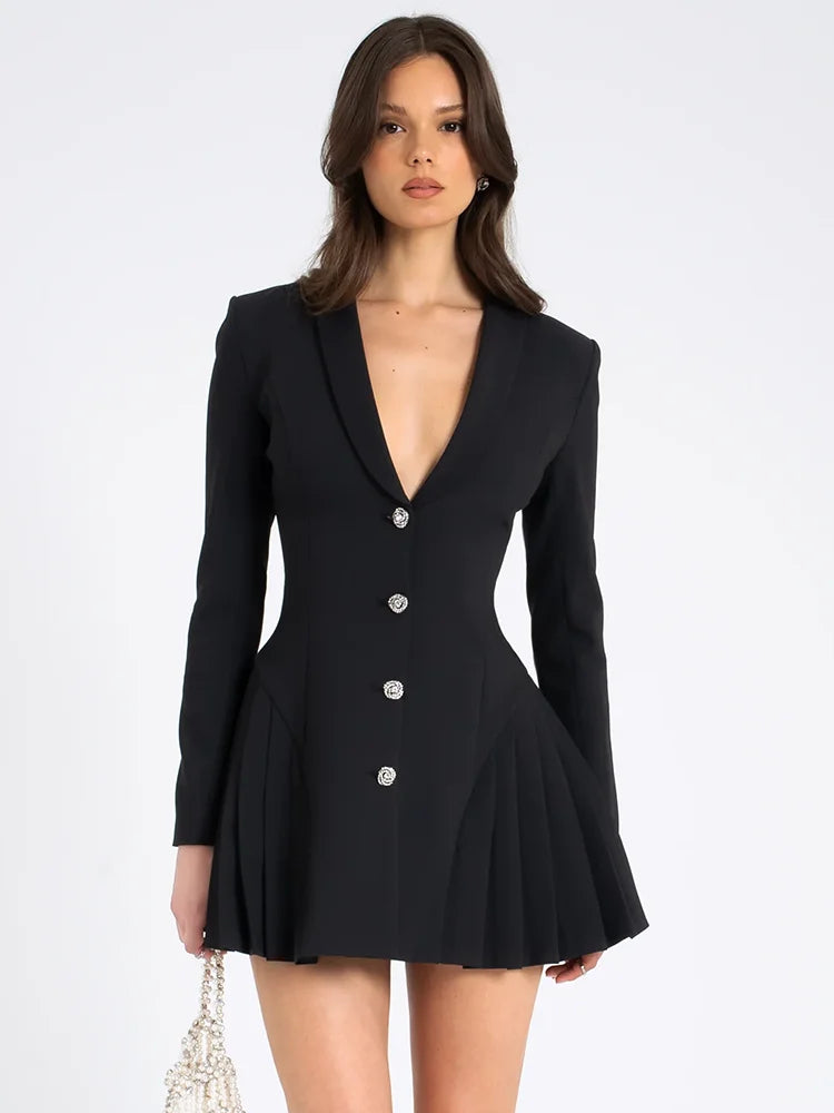 Fantoye Deep V-neck Single Breasted Pleated Women Blazer Mini Dress