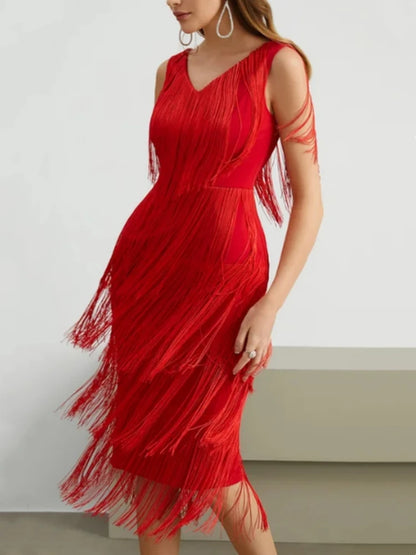 Vestidos de fiesta con borlas rojas, escote en V, sin mangas, cintura alta, para mujer, con flecos 