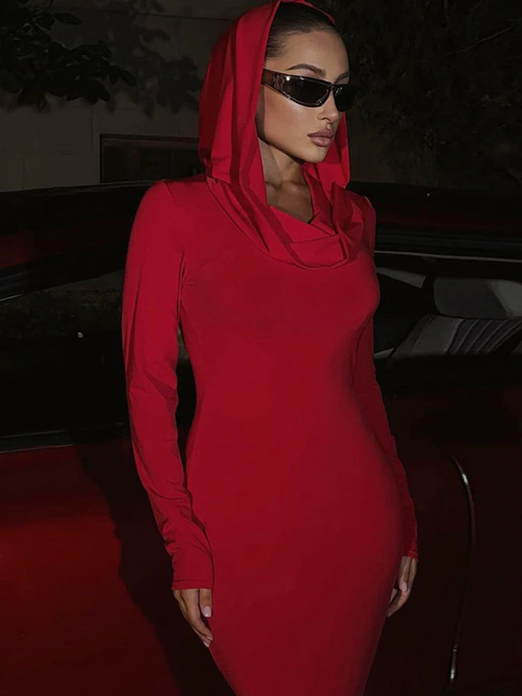 Fashion Sexy Solid Hooded Maxi Dresses Women Elegant Casual Red or Blue