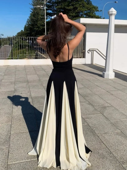 Elegant Black White Contrasting Women Sling Dress Fashion Backless