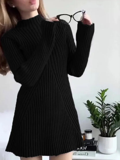 Robe trapèze tricotée à motif côtelé uni pour femme