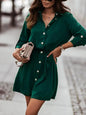 Spring/Summer Solid Color Waist Tie Up Button Pulling Sleeve Dress