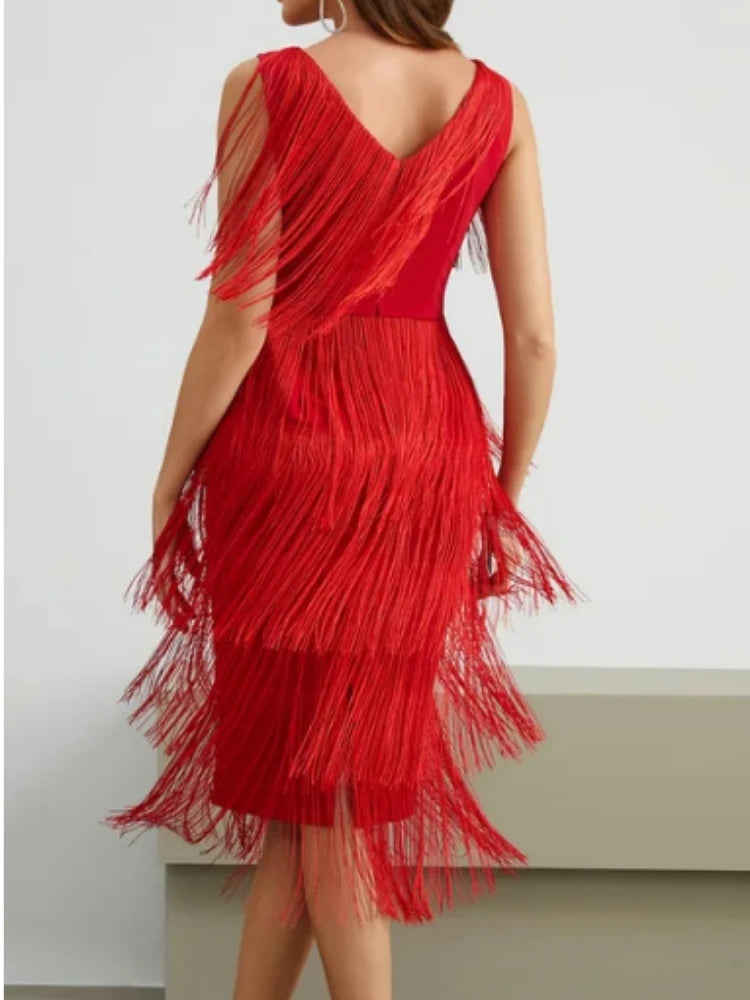 Vestidos de fiesta con borlas rojas, escote en V, sin mangas, cintura alta, para mujer, con flecos 