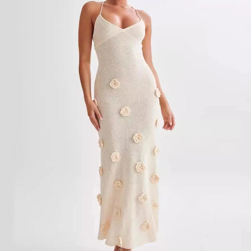 Elegant 3d Flower Knitted Dresses For Women V-neck Backless Sleeveless