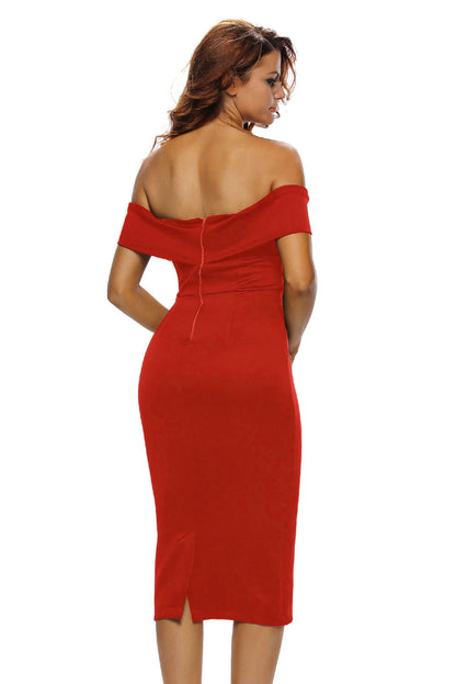 Red Off-the-shoulder Midi Dress – Elegant Curve-Hugging Fit with Back Slit