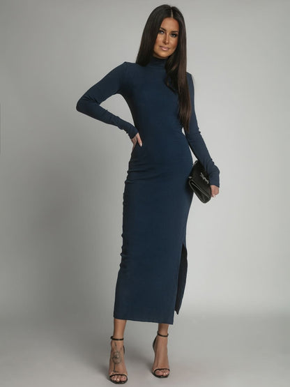 Cotton fitted maxi dress with a turtleneck, navy blue