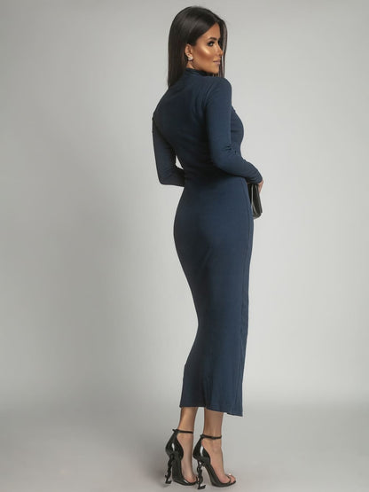 Cotton fitted maxi dress with a turtleneck, navy blue