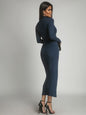 Cotton fitted maxi dress with a turtleneck, navy blue