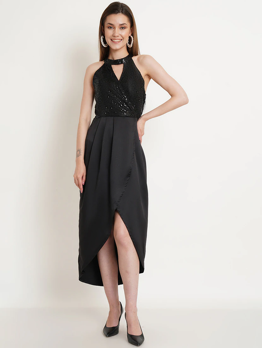 Women'S High Low Knee Length Dress (Size-S) (Color-BLACK)