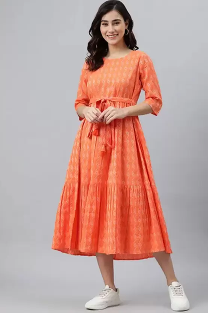 Vestido étnico de mezcla de algodón estampado para mujer (naranja), talla XL