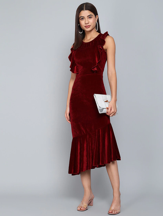 Red Velvet Asymmetric Dress (Size-S) (Color-MAROON)