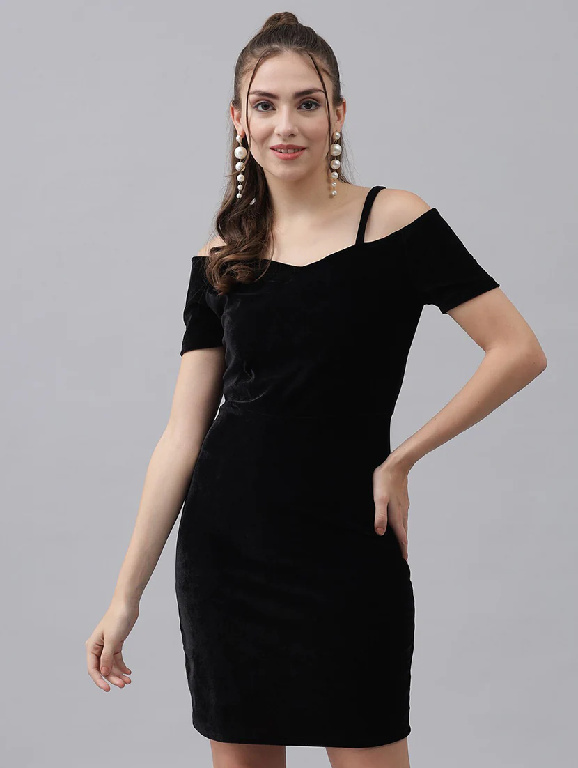 Women Black Velvet Bodycon Dress (Size-M) (Color-BLACK)