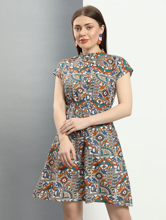 Vestido ajustado y acampanado con estampado multicolor para mujer (talla M)