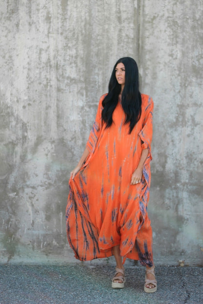 Robe longue caftan orange avec poches