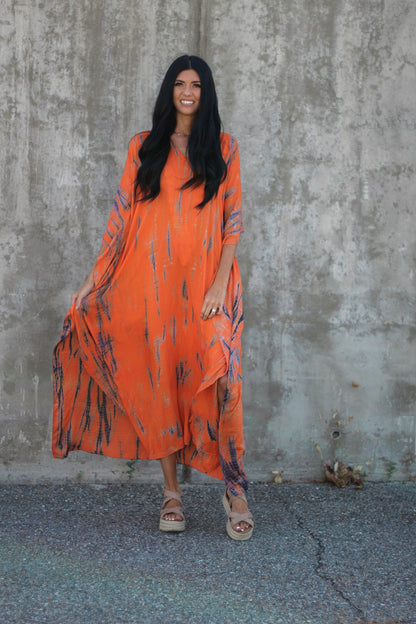 Robe longue caftan orange avec poches