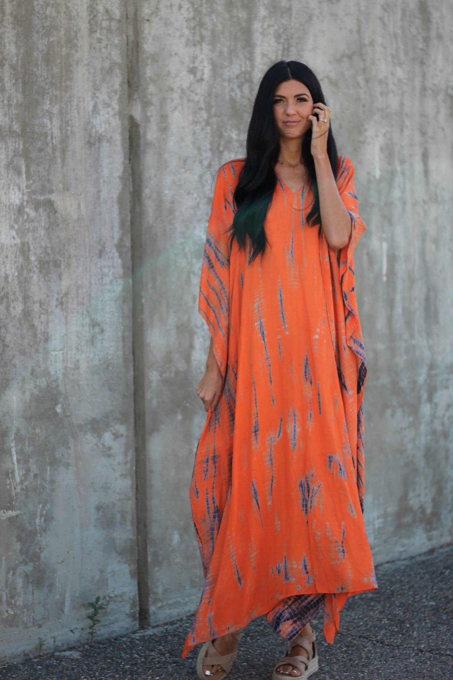 Robe longue caftan orange avec poches