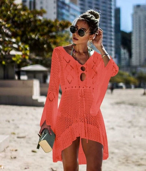 Nueva túnica de playa tejida a crochet para mujer con borlas