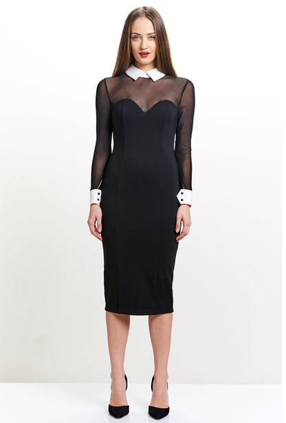 Robe Tuxedo Illusion - Robe midi noire et blanche avec manches en maille,